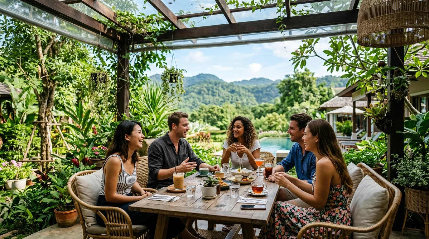 กลุ่มเพื่อนนั่งคุยกันในคาเฟ่บรรยากาศสวนเขียวที่เขาใหญ่ แสงธรรมชาติส่องผ่านหลังคา
