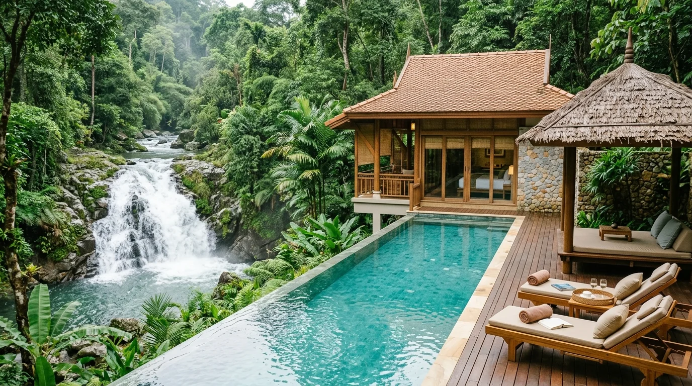 ทิวทัศน์น้ำตกในป่าเขียวชอุ่มของนครนายกช่วงหน้าฝน สายน้ำไหลแรงและสะอาด