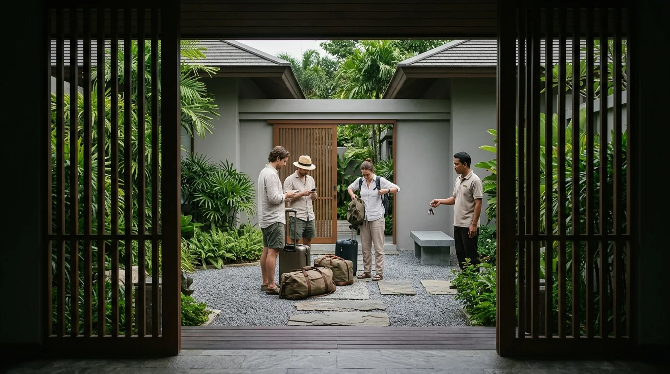 กลุ่มเพื่อนยืนรอหน้าประตูพูลวิลล่าพร้อมกระเป๋าเดินทาง บรรยากาศแดดบ่ายในสวนสีเขียว