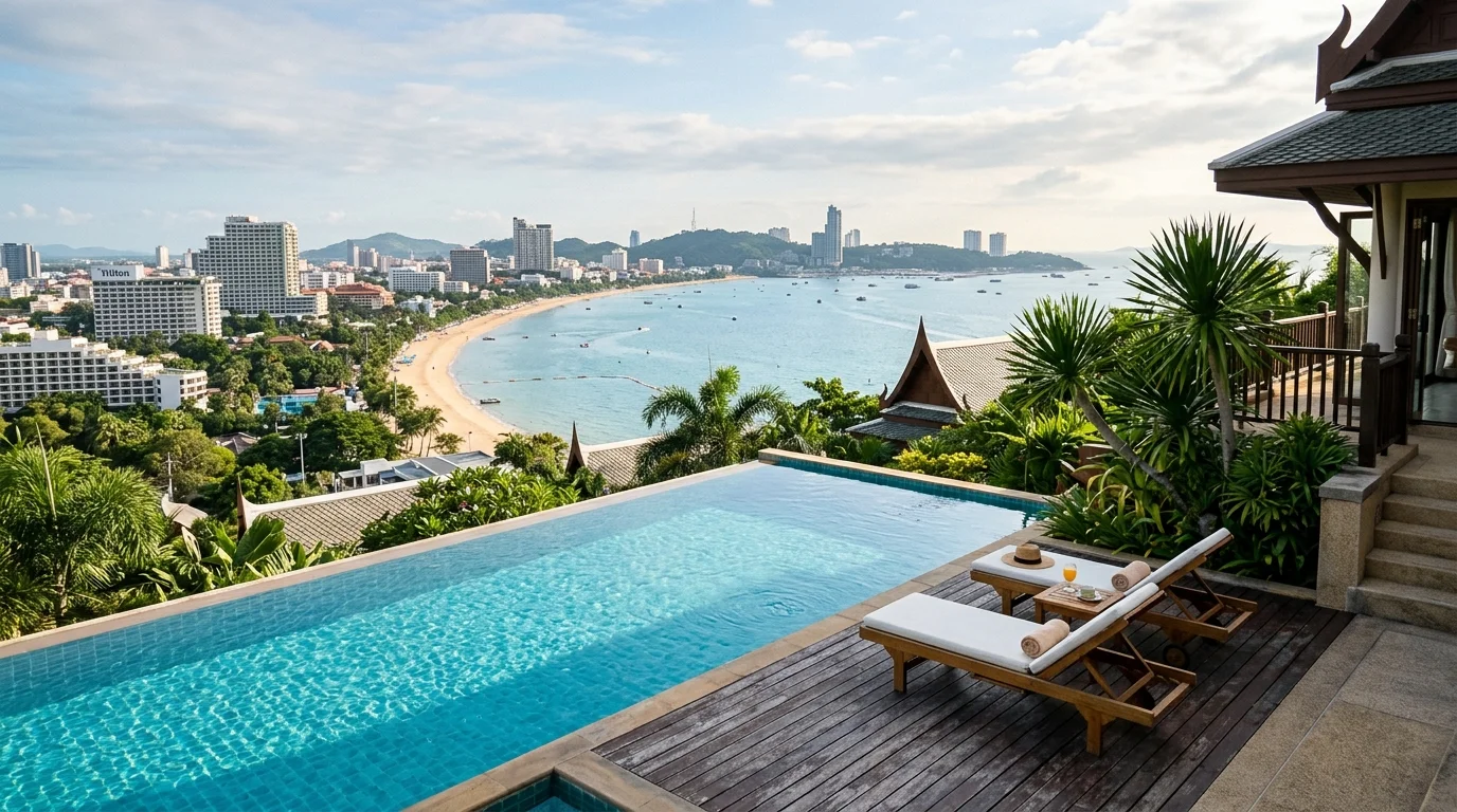 วิวมุมสูงของพัทยาในตอนเช้า เห็นชายหาดโค้งยาวและทะเลสีฟ้าใสท่ามกลางอาคารริมชายฝั่ง