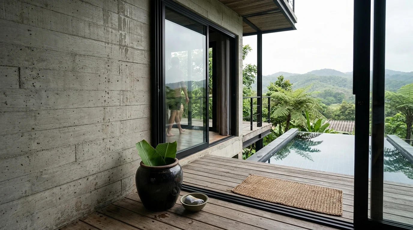 วิวทิวเขาและสวนรอบบ้านพักพูลวิลล่าในเชียงใหม่ถ่ายจากระเบียงชั้นบน เห็นสระน้ำด้านล่างและท้องฟ้าสีฟ้าใส