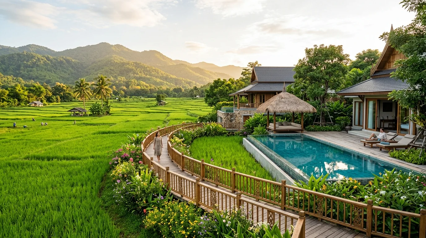 ทุ่งนาสีเขียวกว้างในนครนายก มีสะพานไม้และดอกไม้ริมทาง แสงบ่ายคล้อยสาดเข้าในภาพ
