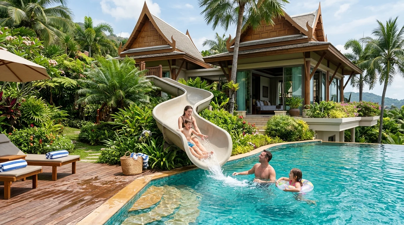 A group of adults and children playing in a water slide attached to a private villa pool on a sunny afternoon, with a garden and wooden deck surrounding the pool area