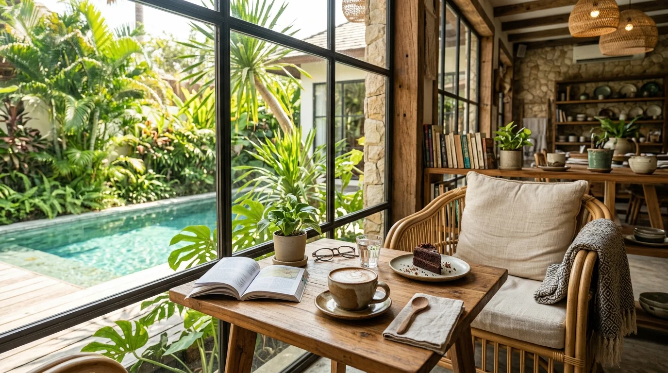 มุมนั่งเล่นในคาเฟ่บรรยากาศอบอุ่น มีแก้วกาแฟและขนมบนโต๊ะไม้ แสงธรรมชาติส่องผ่านหน้าต่าง