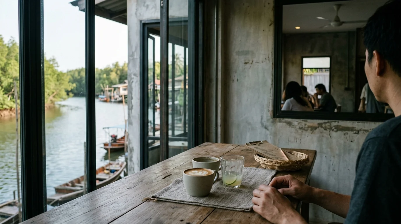 ภายในร้านกาแฟสไตล์มินิมอล มีแก้วกาแฟลาเต้อาร์ตวางบนโต๊ะไม้ แสงธรรมชาติส่องผ่านกระจกบานใหญ่