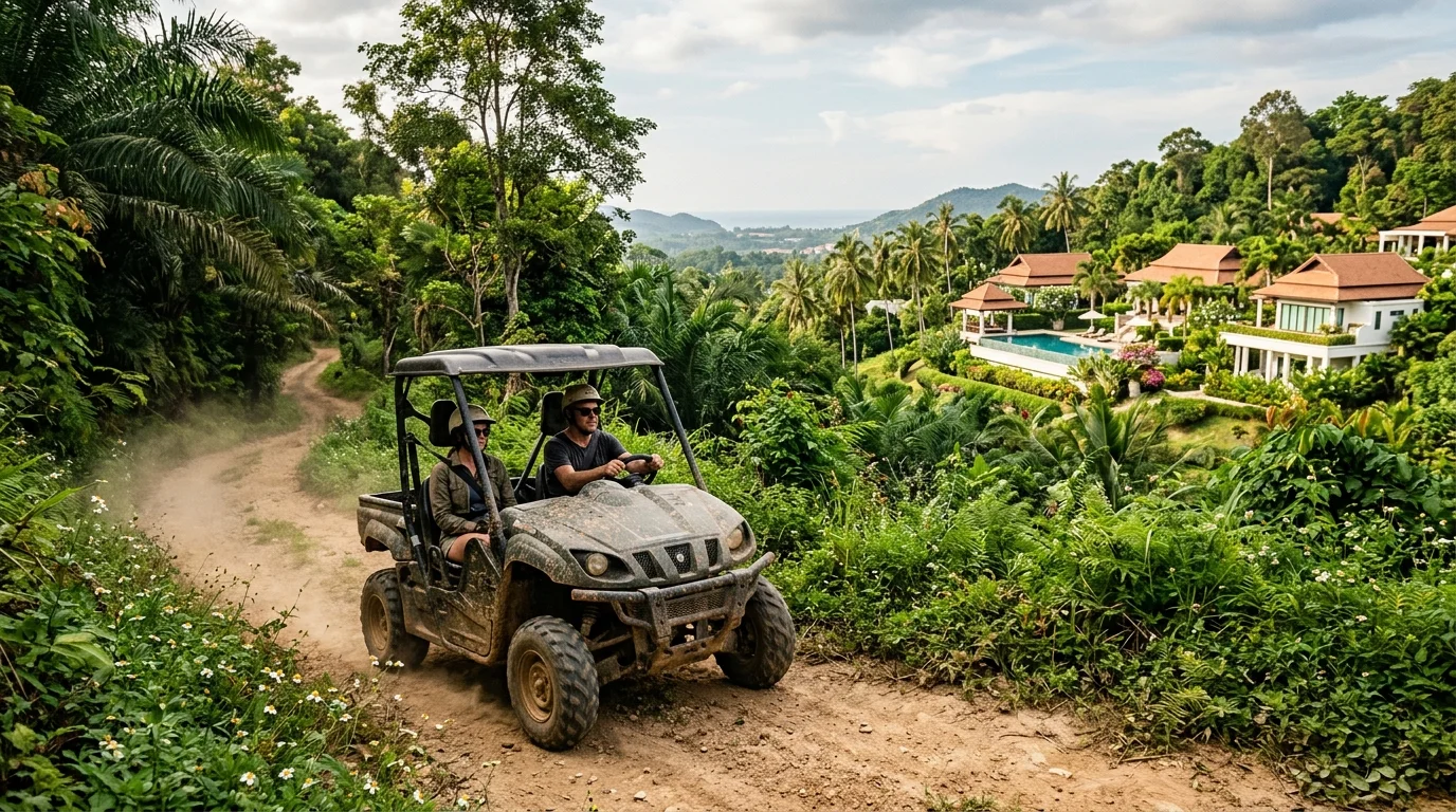 Visitors riding buggies along a dusty off-road trail through tropical greenery near Pattaya
