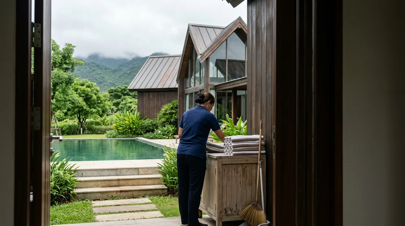 วิวมุมสูงของพูลวิลล่าริมน้ำในกาญจนบุรี สระว่ายน้ำสีฟ้าล้อมรอบด้วยต้นไม้เขียวชอุ่มและภูเขาในระยะไกล ยามเช้า