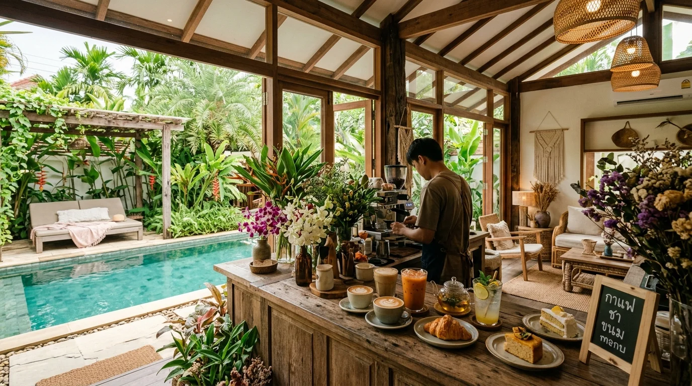 ร้านคาเฟ่เชียงใหม่บรรยากาศอบอุ่น มีดอกไม้ประดับและแสงธรรมชาติ โต๊ะไม้พร้อมเครื่องดื่มวางเรียงบนเคาน์เตอร์