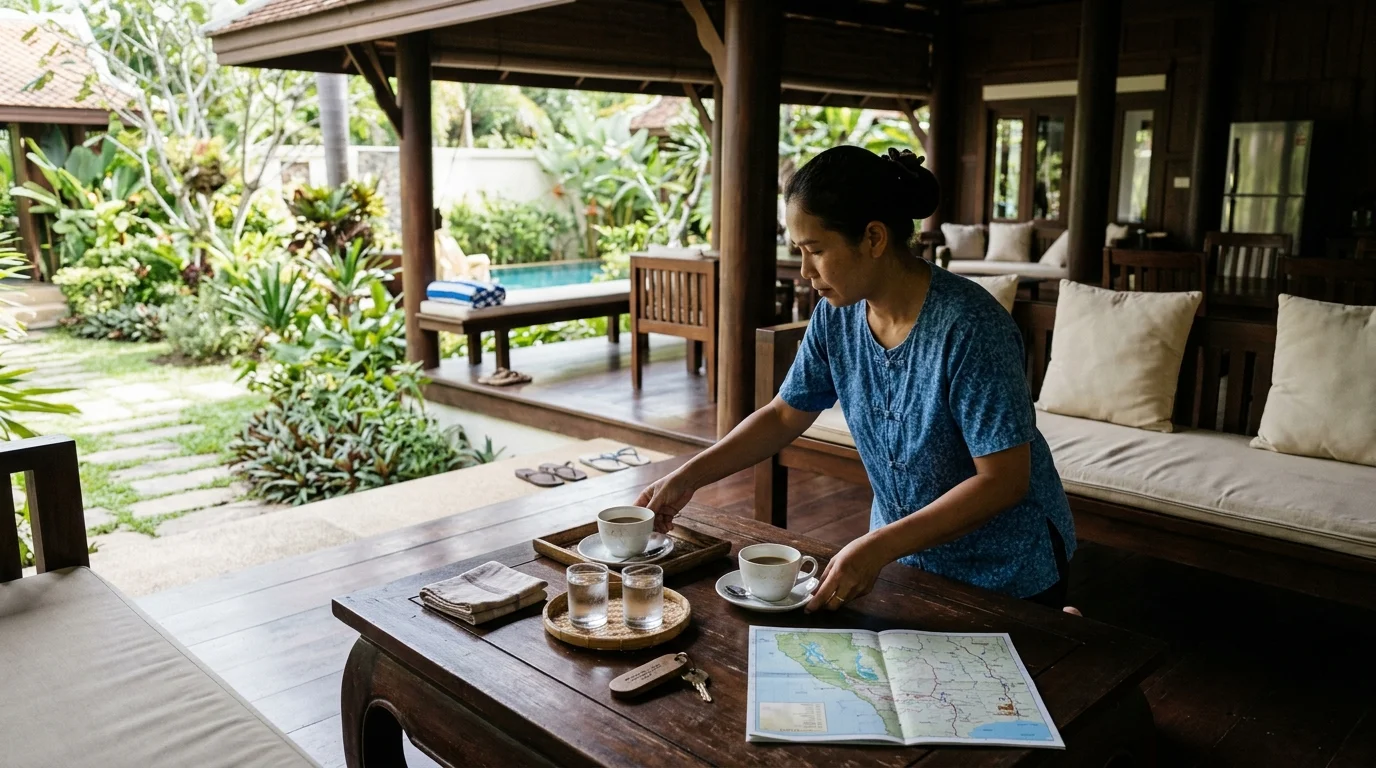 คาเฟ่ริมแม่น้ำในกาญจนบุรี บรรยากาศร่มรื่น มีโต๊ะนั่งชมวิวน้ำในช่วงเย็น แสงอาทิตย์ส้มอมทอง