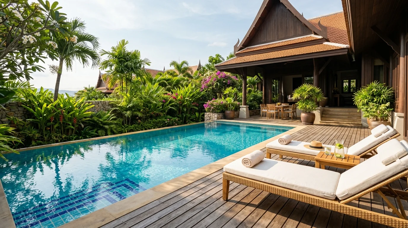 A sunlit private pool villa terrace with sun loungers beside a clear blue swimming pool, surrounded by tropical garden plants in the afternoon light