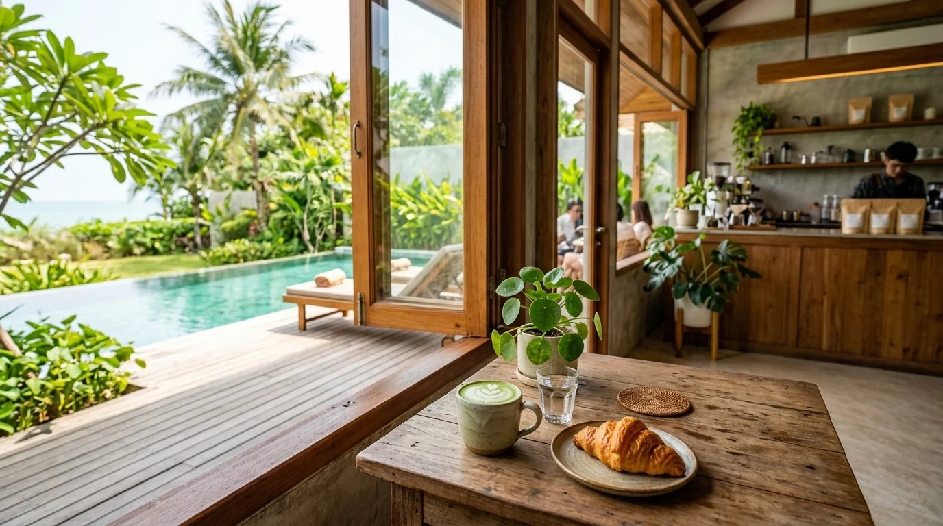 A bright, airy specialty coffee shop interior in Rayong with wooden furniture, potted plants, and cups of matcha latte and croissants on a small table near a window