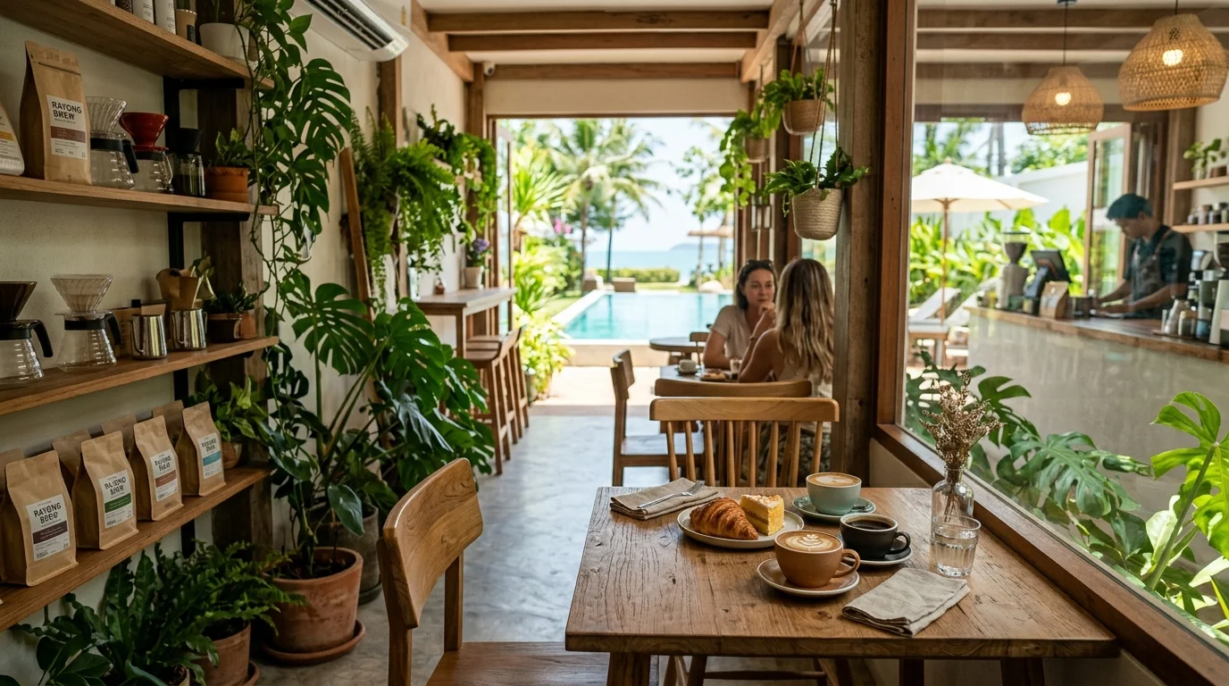 A specialty coffee shop interior in Rayong with natural light, wooden furniture, cups of coffee and pastries on the table, and green plants along the walls