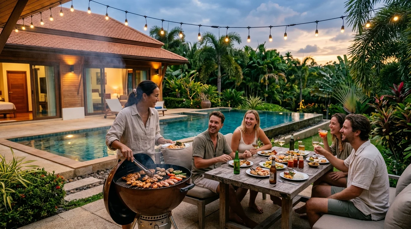 A group of friends sitting around an outdoor barbecue grill at a Thai villa in the early evening, with string lights overhead and tropical trees in the background