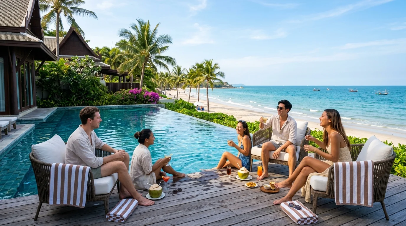 กลุ่มเพื่อนนั่งเล่นริมสระ Beach Club หัวหิน ท้องฟ้าสีฟ้า แสงแดดบ่ายสะท้อนผิวน้ำ ไม่มีตัวอักษรในภาพ