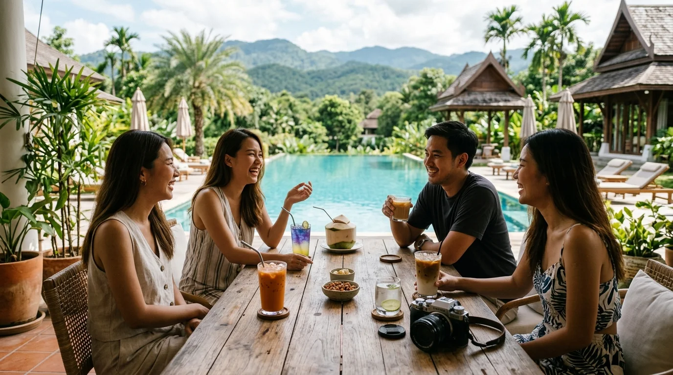 กลุ่มเพื่อนนั่งล้อมโต๊ะในคาเฟ่บรรยากาศสวย มีเครื่องดื่มหลายแก้ววางบนโต๊ะไม้