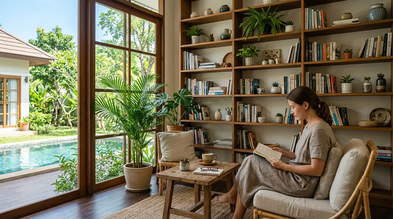 มุมภายในคาเฟ่สไตล์บ้านพร้อมชั้นหนังสือและแสงธรรมชาติส่องผ่านหน้าต่างบรรยากาศเงียบสงบ