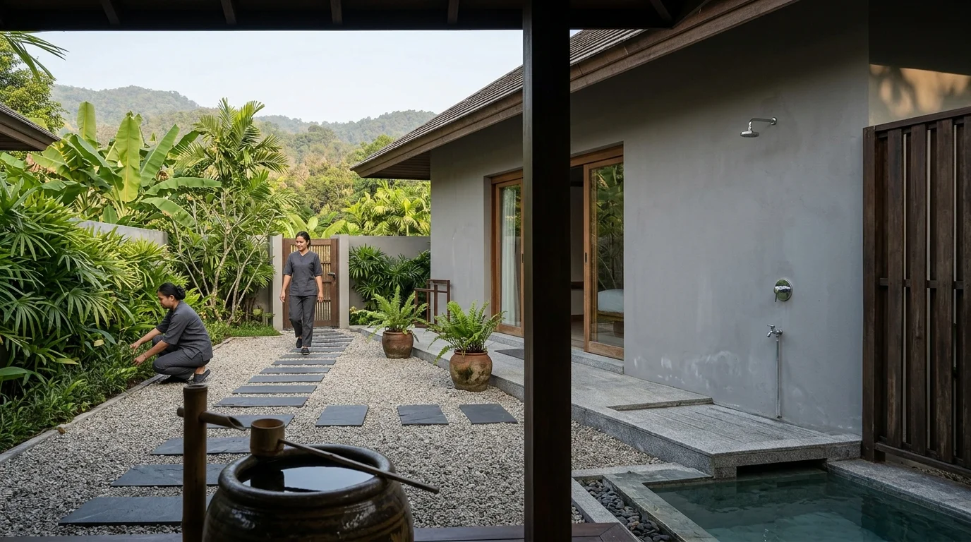 วิวภูเขาและสวนโดยรอบพูลวิลล่าในเขตชานเมืองเชียงใหม่ ยามเช้าแสงอ่อนๆ ส่องผ่านหมอก