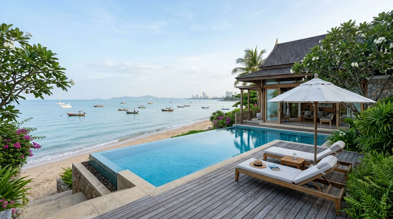 A calm early-morning view along Pattaya Beach with gentle waves, a pale blue sky, and a few boats anchored offshore