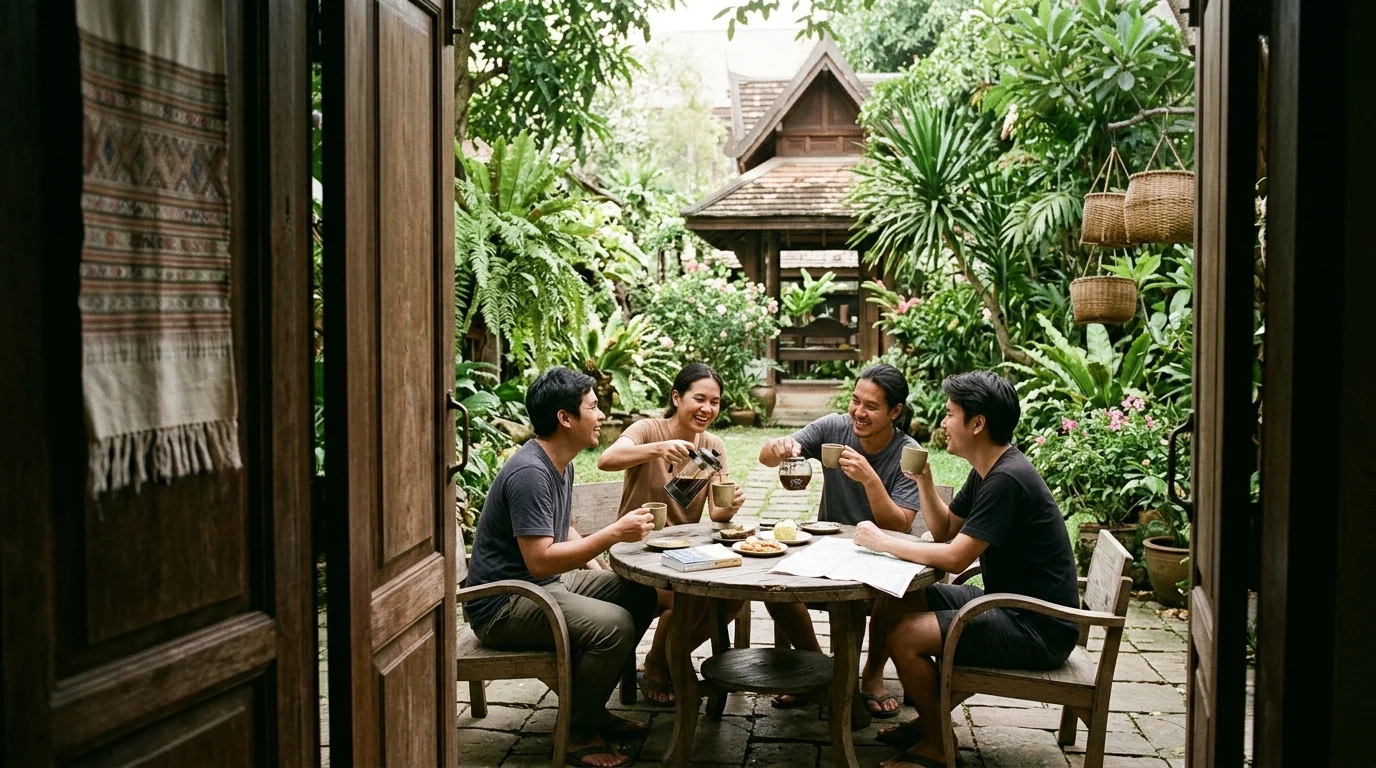 กลุ่มเพื่อนนั่งจิบกาแฟรอบโต๊ะกลางแจ้งในสวนบ้านพักเชียงใหม่ ล้อมรอบด้วยต้นไม้เขียวชอุ่มยามเย็น