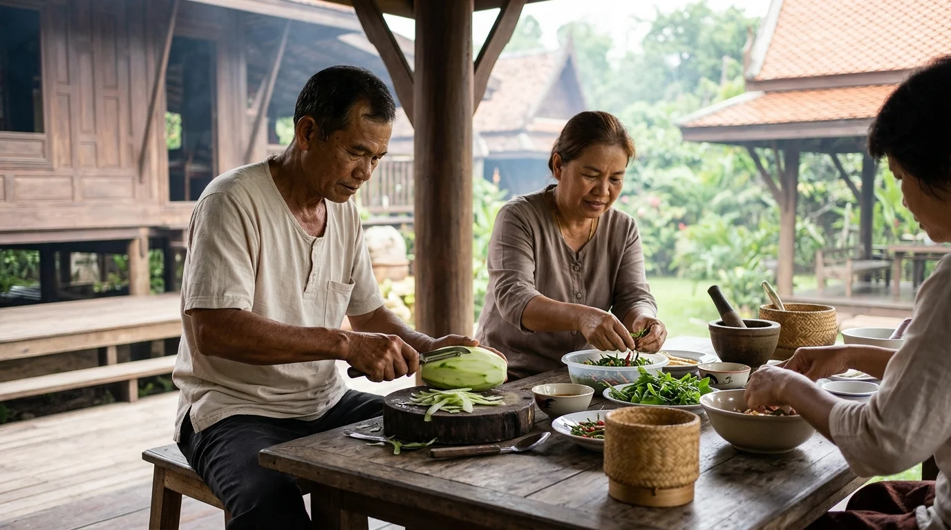กลุ่มเพื่อนนั่งล้อมโต๊ะกินข้าวเย็นด้วยกันในร้านอาหารกาญจนบุรี บรรยากาศอบอุ่นไฟประดับนวล