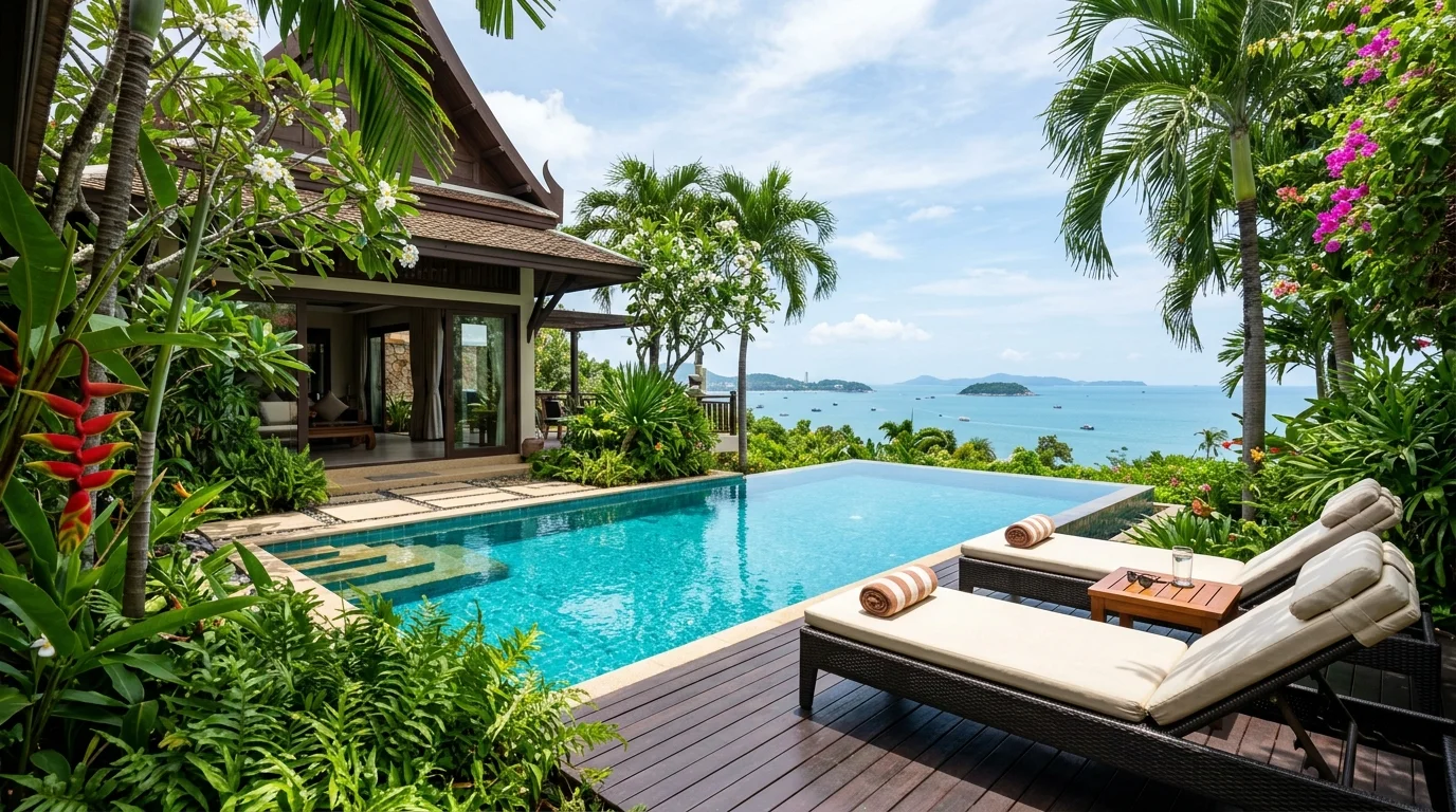 A private pool surrounded by tropical garden plants under a clear blue sky, with sun loungers positioned at the pool's edge and a view toward the sea in the distance