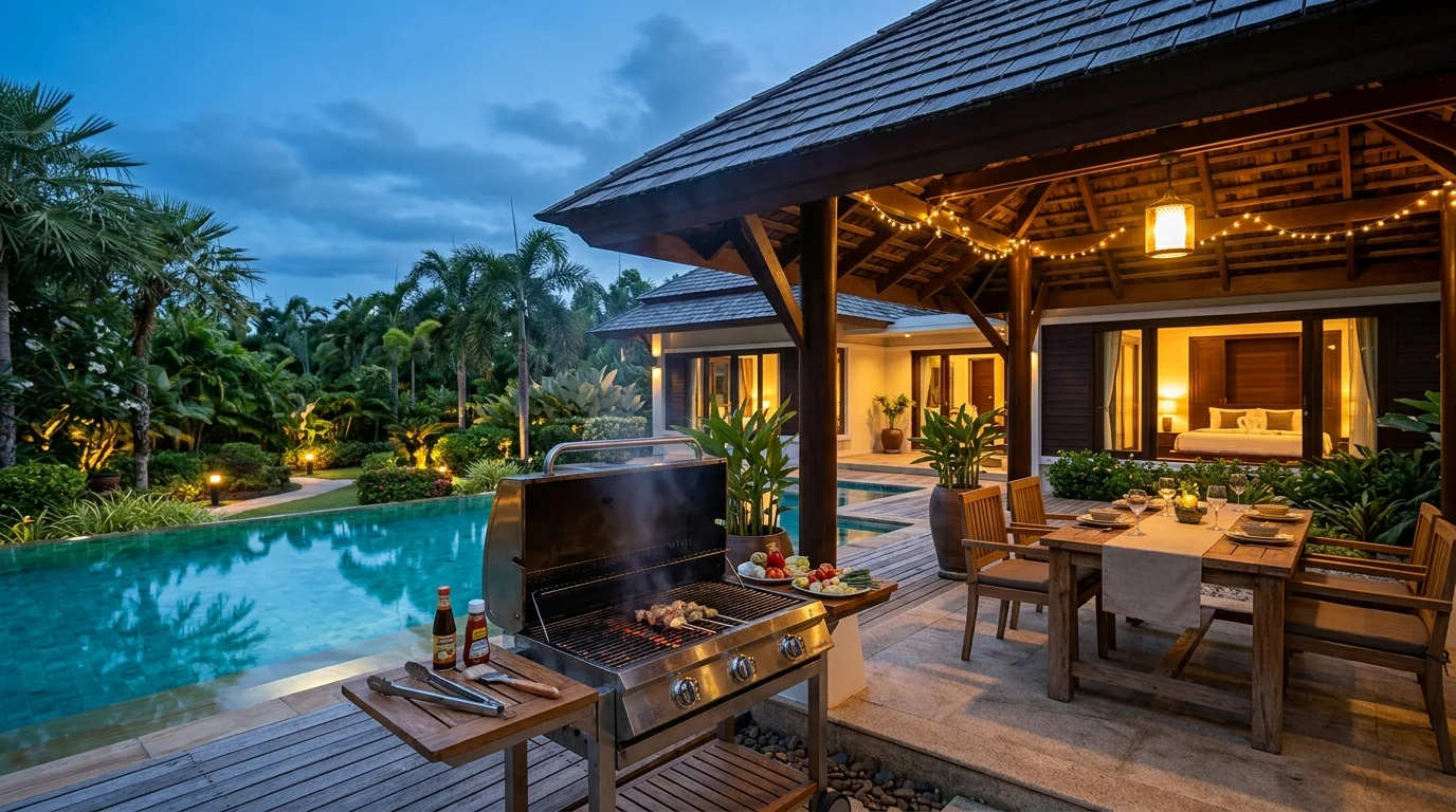 A covered outdoor barbecue area beside a private pool at dusk, with a grill set up and garden lights beginning to glow in the background