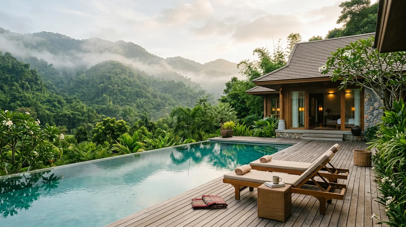 วิวภูเขาสีเขียวในนครนายกยามเช้า มีหมอกบางๆ ลอยอยู่เหนือยอดไม้ บรรยากาศสงบและเป็นธรรมชาติ