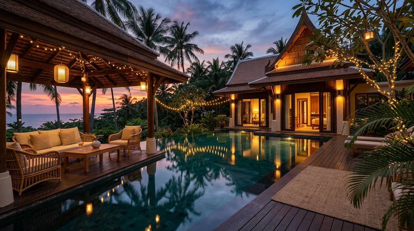 An outdoor living area of a Thai pool villa at dusk, with rattan furniture, string lights reflected in the still pool water, and palm trees silhouetted against a warm evening sky