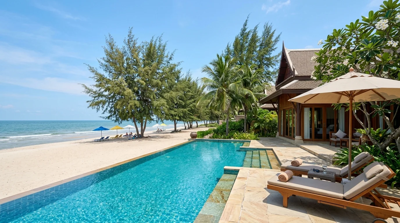 A calm sandy beach in Cha-am lined with casuarina trees, a few colourful beach umbrellas in the distance and gentle waves under a clear blue sky