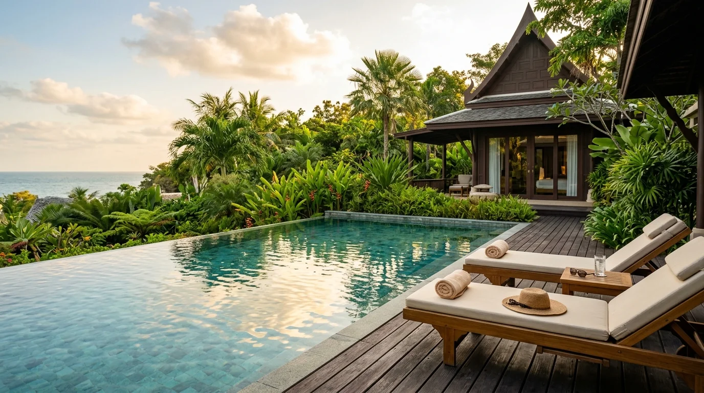A private pool surrounded by sun loungers at a Thai villa in the late afternoon, with golden light reflecting off the water and tropical greenery in the background