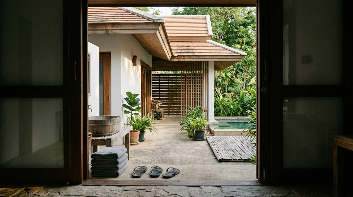 สระว่ายน้ำส่วนตัวของวิลล่าริมธรรมชาติ น้ำใสสีฟ้า ล้อมด้วยต้นไม้เขียว บรรยากาศสงบในตอนเช้า