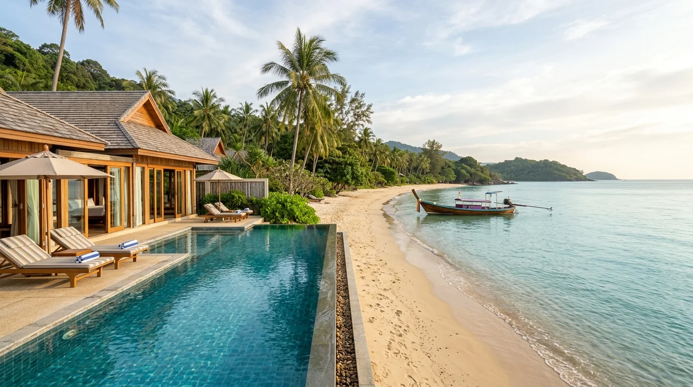 A calm tropical beach in Rayong with clear turquoise water, a longtail boat moored near the shore, and palm trees along the waterline in soft afternoon light