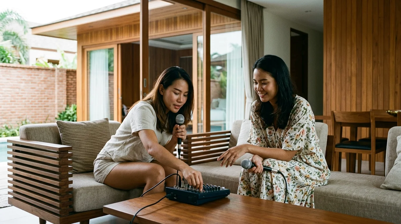กลุ่มเพื่อนนั่งล้อมวงในห้องนั่งเล่นของพูลวิลล่า ถือไมค์คาราโอเกะ บรรยากาศสนุกสนานและอบอุ่น