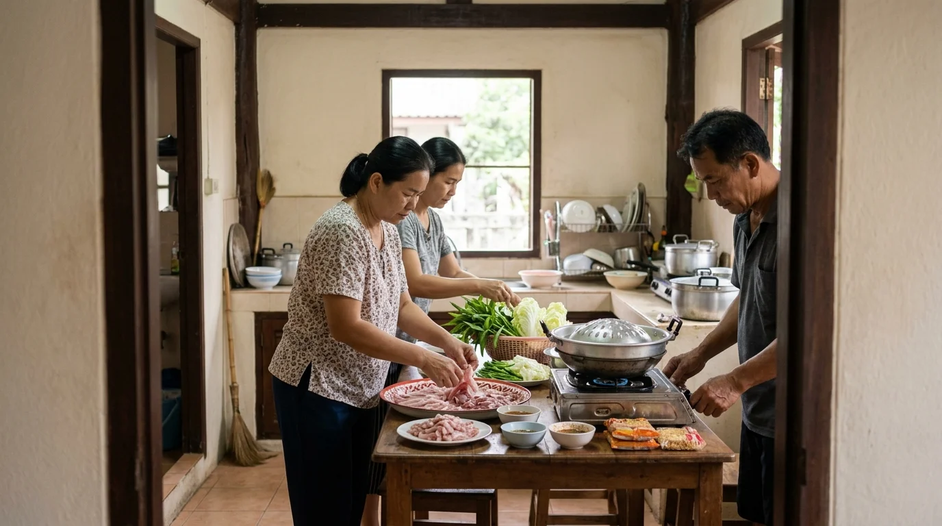 โต๊ะบุฟเฟต์หมูกระทะกลางแจ้งยามค่ำ มีหม้อไฟควันฉุยพร้อมเนื้อดิบเรียงสวย กลุ่มเพื่อนนั่งล้อมโต๊ะในบรรยากาศสบายๆ