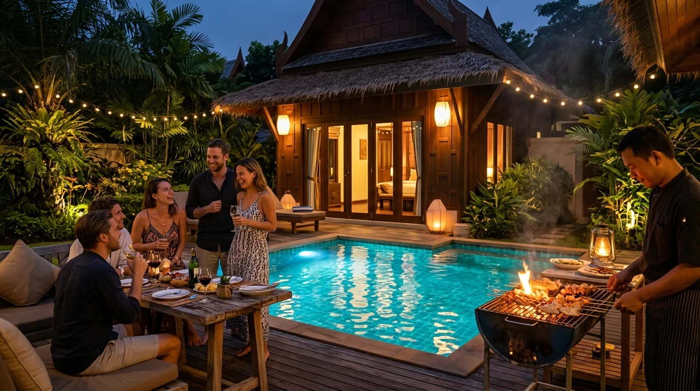 A group of friends gathered around a private swimming pool at night with warm garden lighting and a barbecue grill glowing in the background