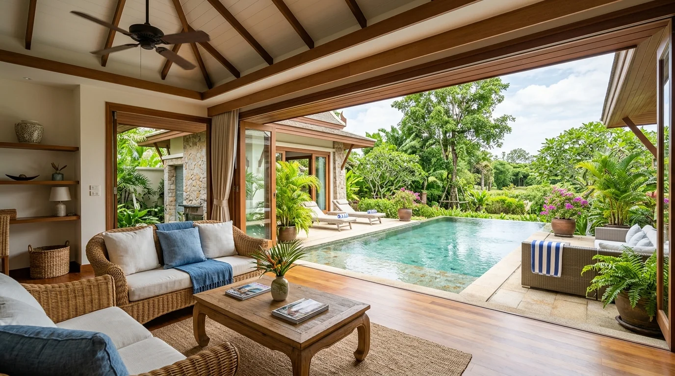 A sunlit villa living room opening onto a pool terrace, with rattan furniture, ceiling fans turning slowly, and a view of a garden beyond