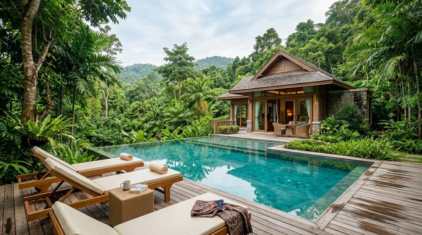 สระว่ายน้ำในพูลวิลล่าล้อมรอบด้วยต้นไม้เขียวขจี บรรยากาศเงียบสงบยามเช้า