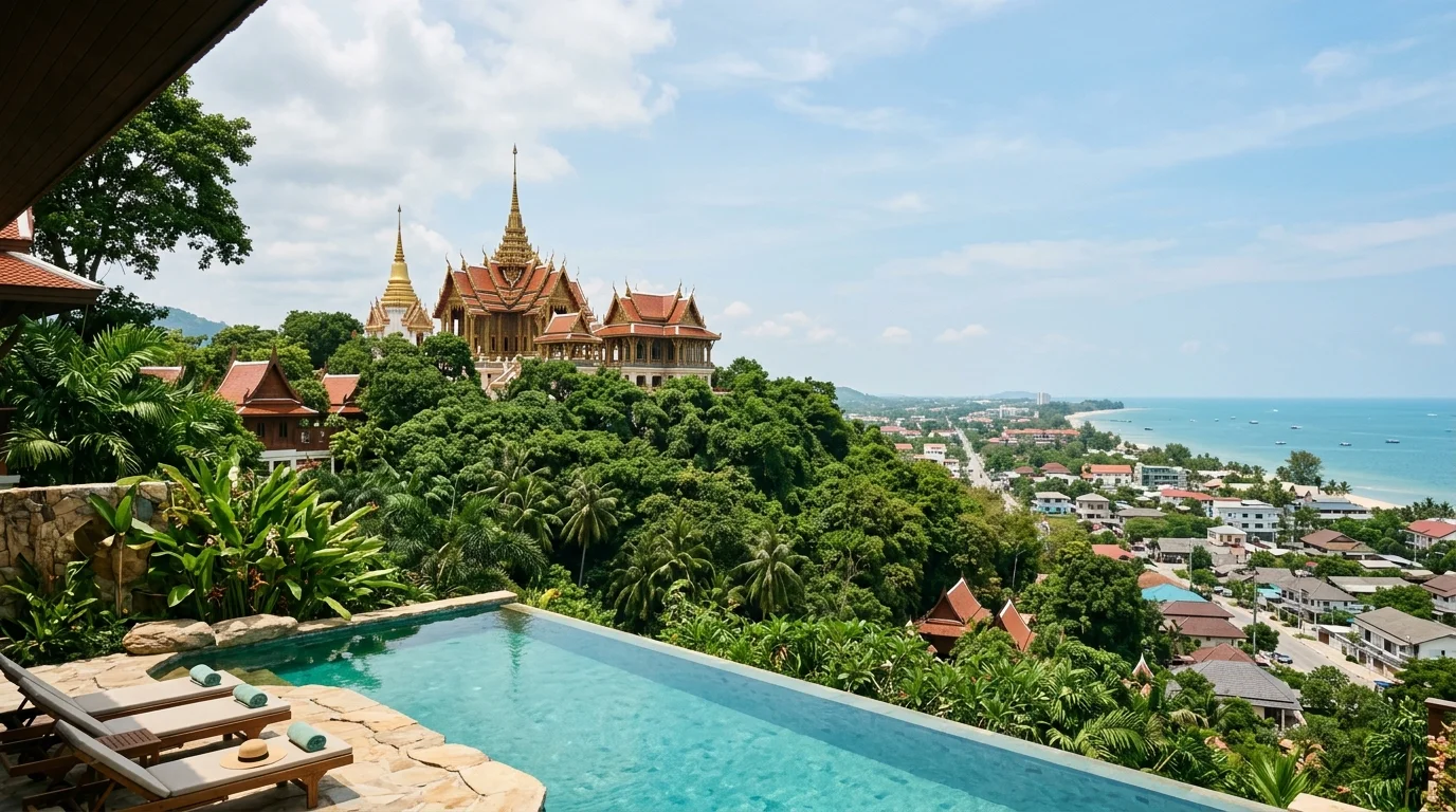 A hilltop Thai palace surrounded by green trees seen from below, with a clear sky and the town visible in the background