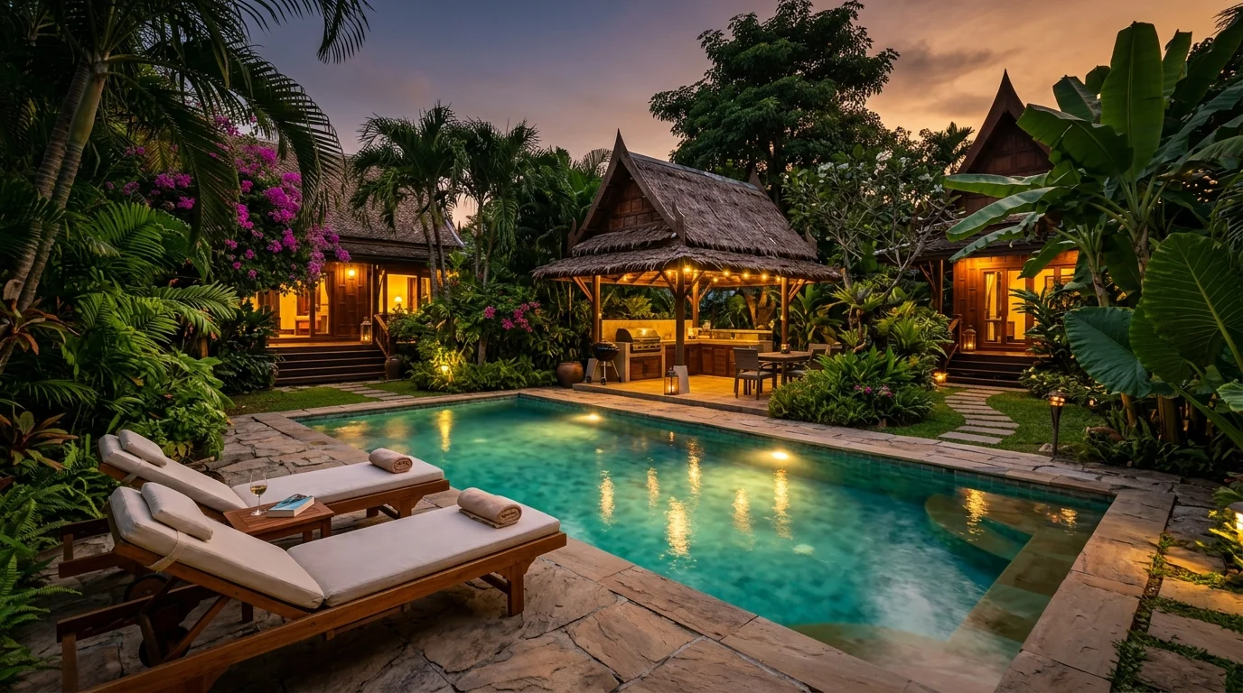 A private pool villa garden at dusk with the pool lit from below, sun loungers along the edge, and a covered BBQ area in the background surrounded by tropical plants