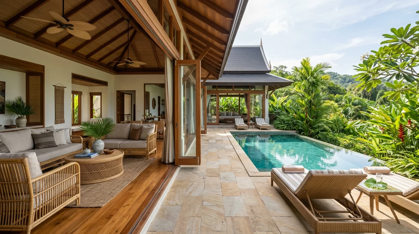 A spacious open-plan villa living room with rattan furniture flowing out onto a tiled terrace and a rectangular pool surrounded by tropical garden