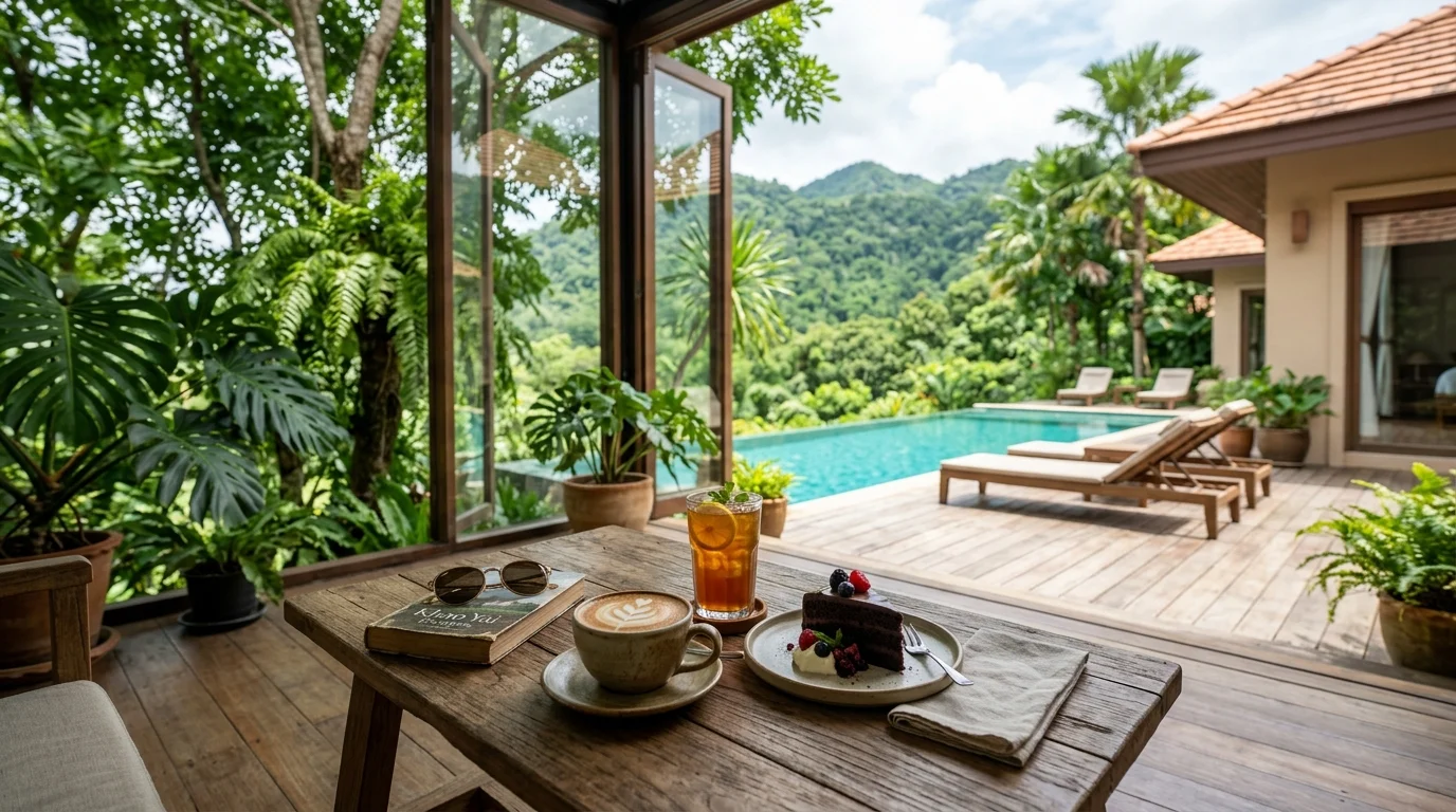 โต๊ะกาแฟและเค้กในคาเฟ่บรรยากาศธรรมชาติที่เขาใหญ่ มีต้นไม้เขียวและแสงธรรมชาติส่องผ่านกระจก