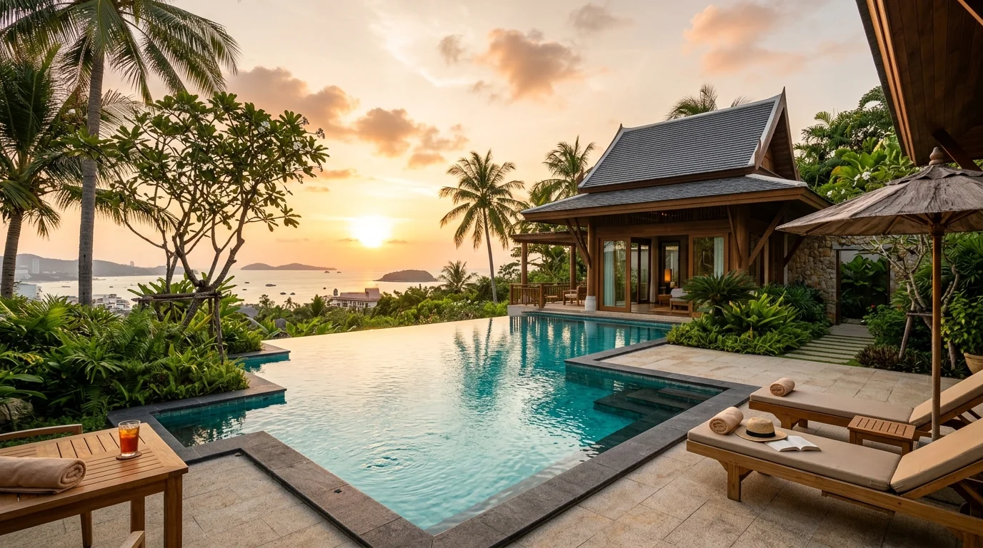 A private pool at a Pattaya villa in the late afternoon, surrounded by palm trees with the sun low on the horizon