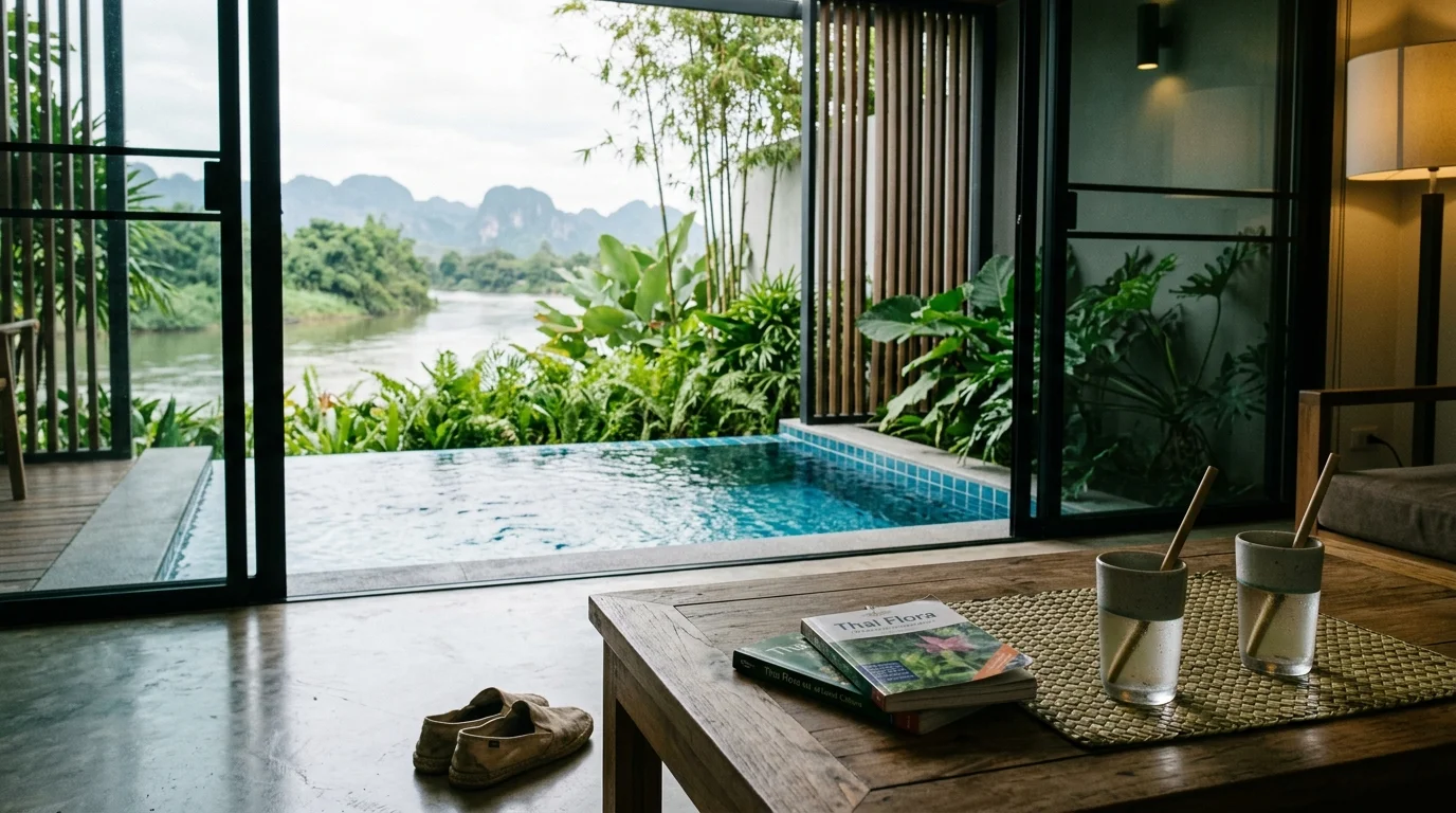 วิวสระว่ายน้ำส่วนตัวของพูลวิลล่าริมแม่น้ำในกาญจนบุรี ล้อมรอบด้วยต้นไม้เขียวชอุ่มและภูเขาในระยะไกล ถ่ายในช่วงบ่ายที่แสงนุ่ม