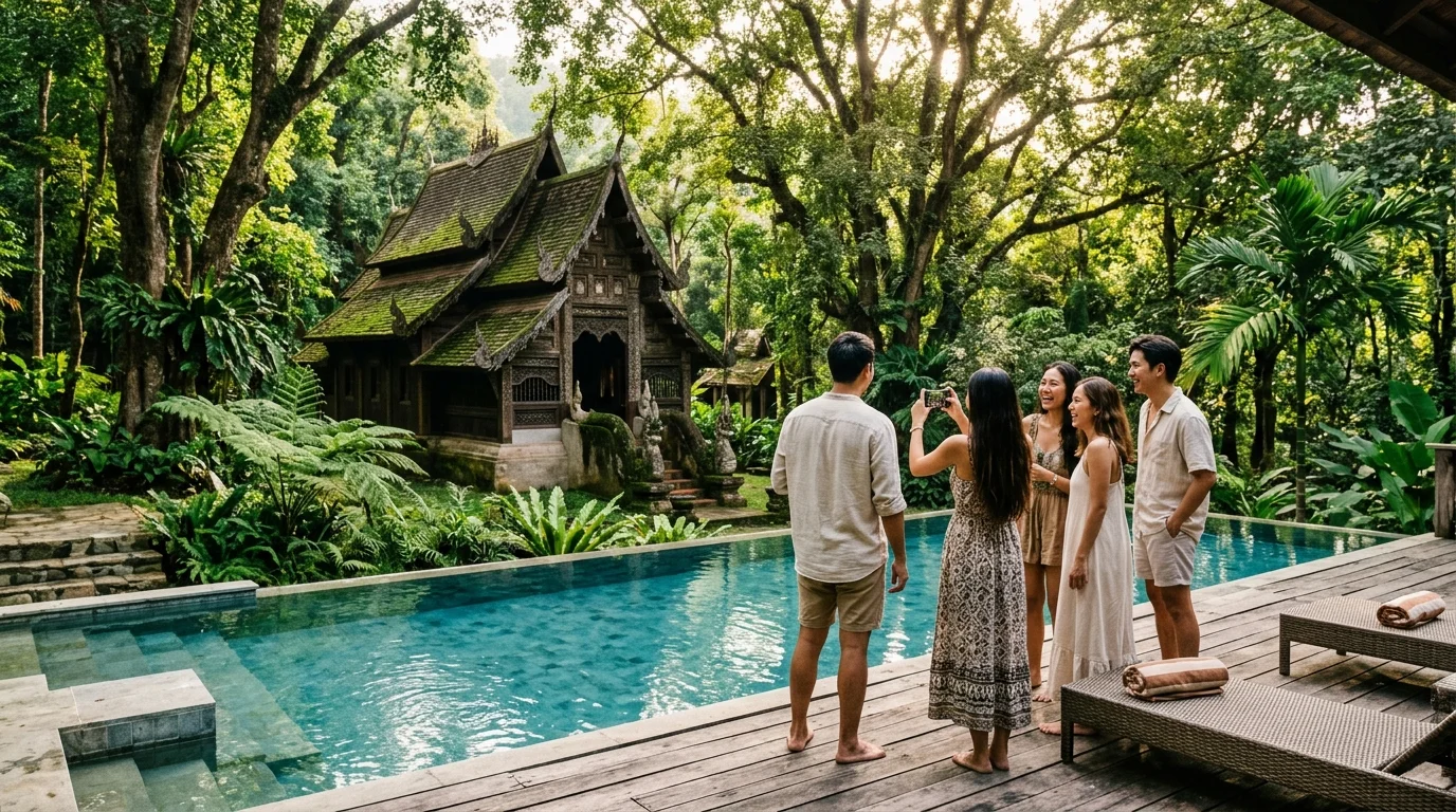 กลุ่มเพื่อนยืนถ่ายรูปหน้าวัดกลางป่าในเชียงใหม่ แสงแดดส่องผ่านต้นไม้ใหญ่