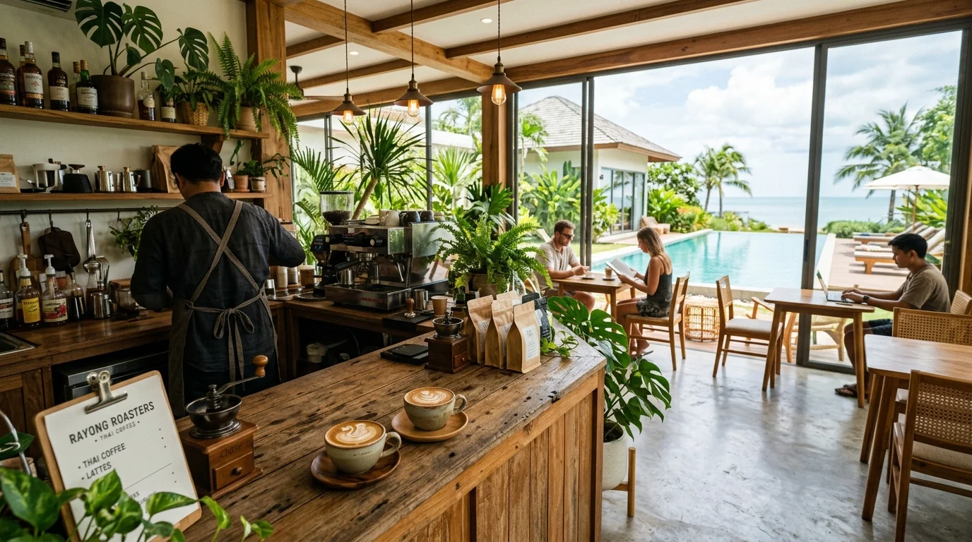 A specialty coffee shop interior in Thailand with warm wooden furniture, potted plants, and cups of latte art on a wooden counter bathed in natural light