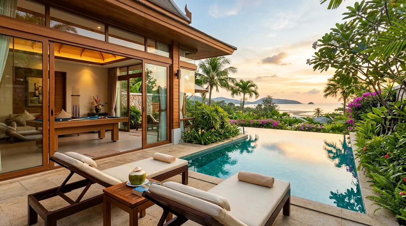 A large private pool villa terrace in Rayong at golden hour, with sun loungers, a pool table visible through open doors, and tropical garden surrounding the pool