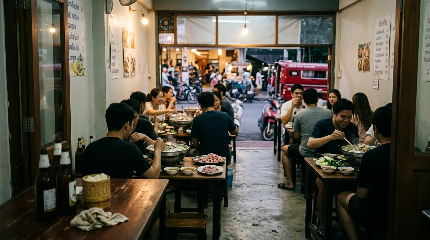 โต๊ะหมูกระทะพร้อมเนื้อสดและน้ำจิ้มหลายถ้วย บรรยากาศร้านอาหารกลางคืนในเชียงใหม่