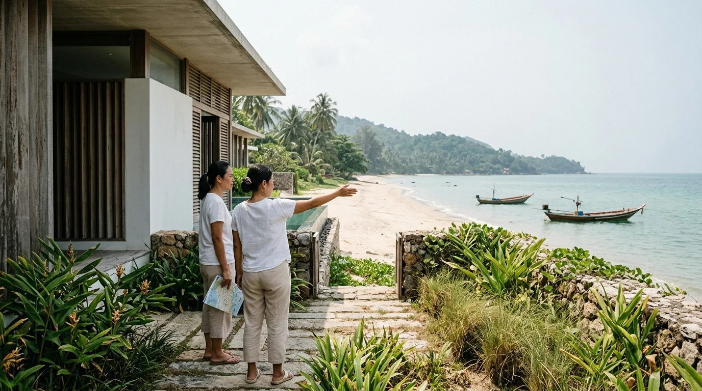 ชายหาดขนอมยามเช้า น้ำทะเลใสสีเขียวอมฟ้า ทรายขาวละเอียด ไม่มีนักท่องเที่ยวพลุกพล่าน มีเรือประมงเล็กจอดอยู่ริมน้ำ