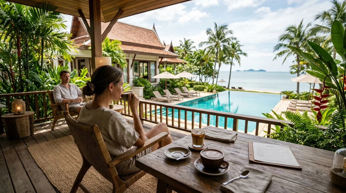 A specialty coffee shop terrace in Rayong with wooden furniture, tropical plants, and cups of coffee on the table in warm morning light