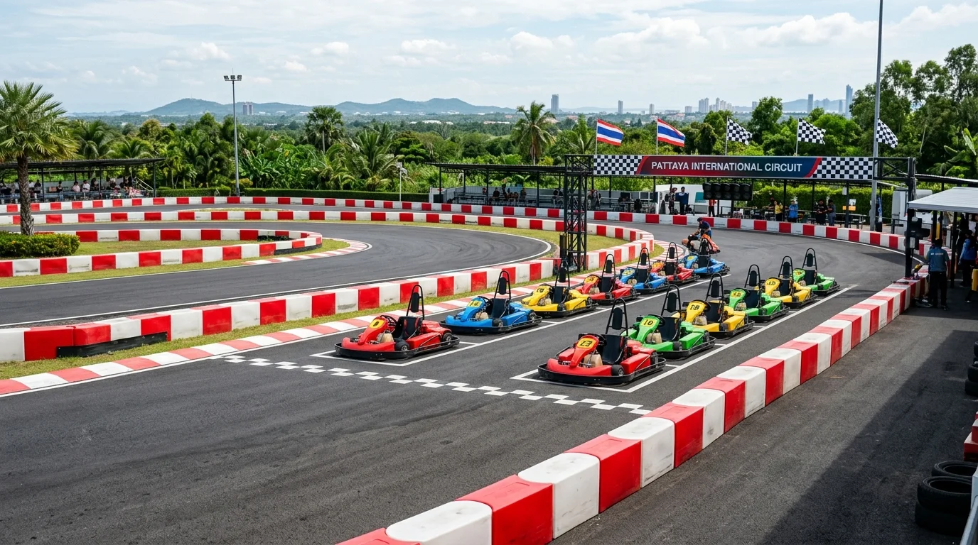 สนามโกคาร์ทกลางแจ้งในพัทยา มีรถโกคาร์ทสีสันสดใสจอดเรียงรอผู้เล่น พื้นยางสีแดงขาวกั้นเส้นทาง